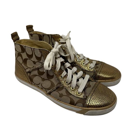 Coach Sneakers Women's Size 8.5 Indiana High Top Monogram Brown Gold - Picture 1 of 7
